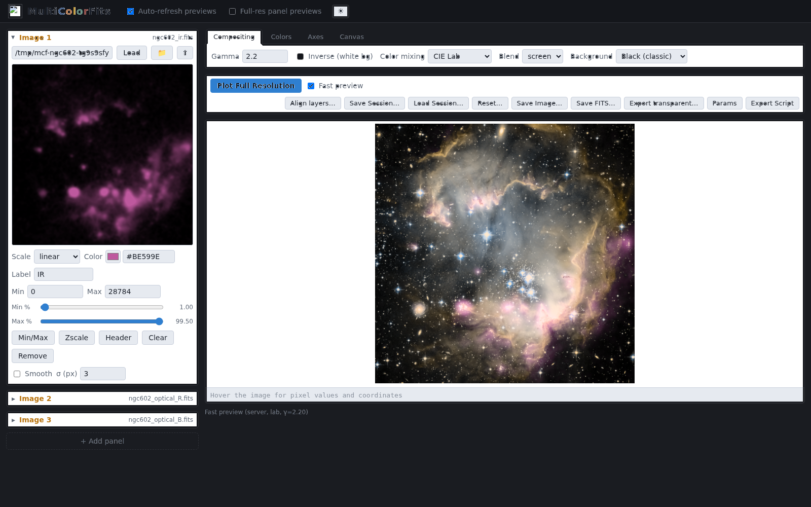 Browser GUI — NGC 602 Lab/screen Fast preview (dark theme)