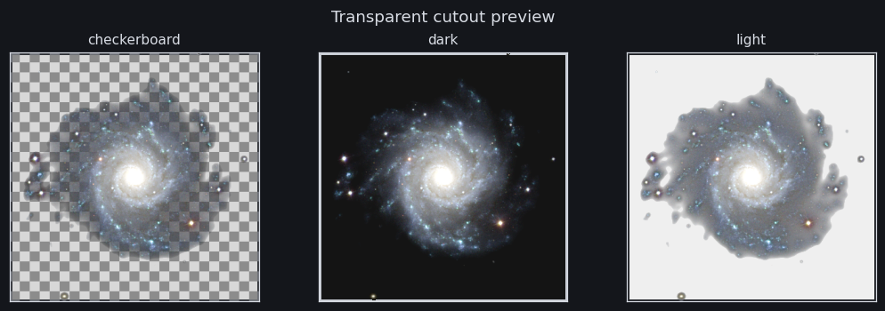M74 cutout previewed over checkerboard, dark, and light backgrounds (dark chrome)