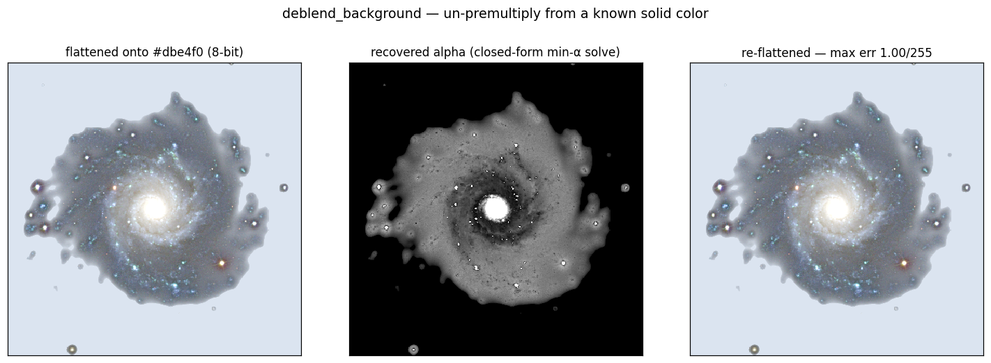 M74 stamp flattened onto a solid color, the recovered alpha map, and the re-flattened check