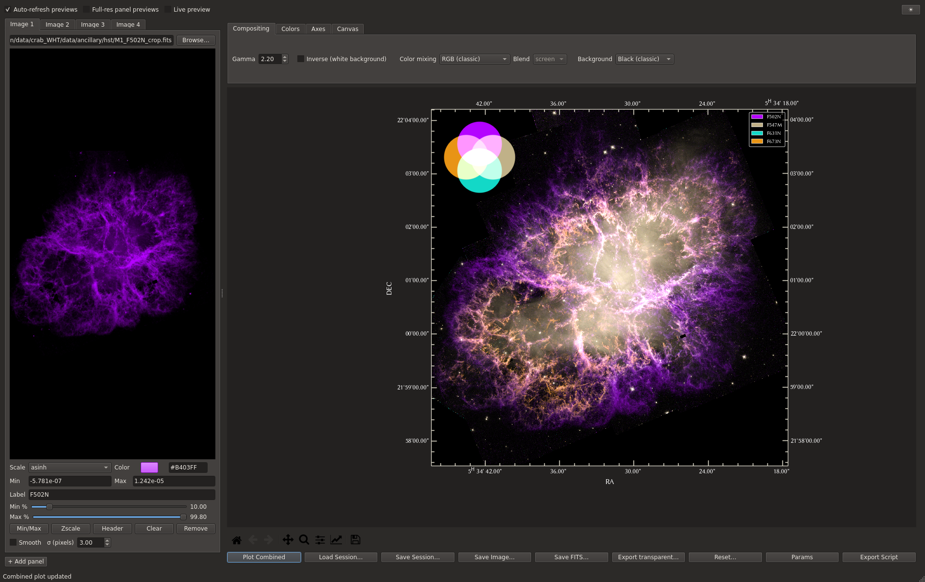 Qt desktop GUI (dark theme) showing a four-filter HST session of the Crab Nebula