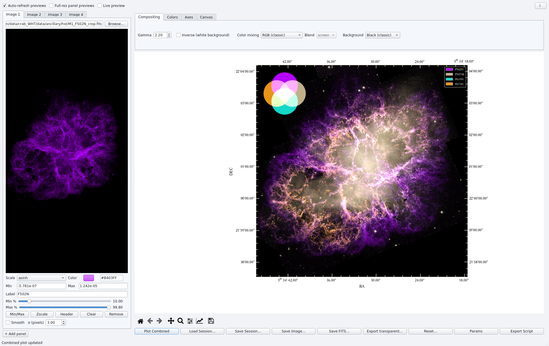 Qt desktop GUI showing a four-filter HST session of the Crab Nebula