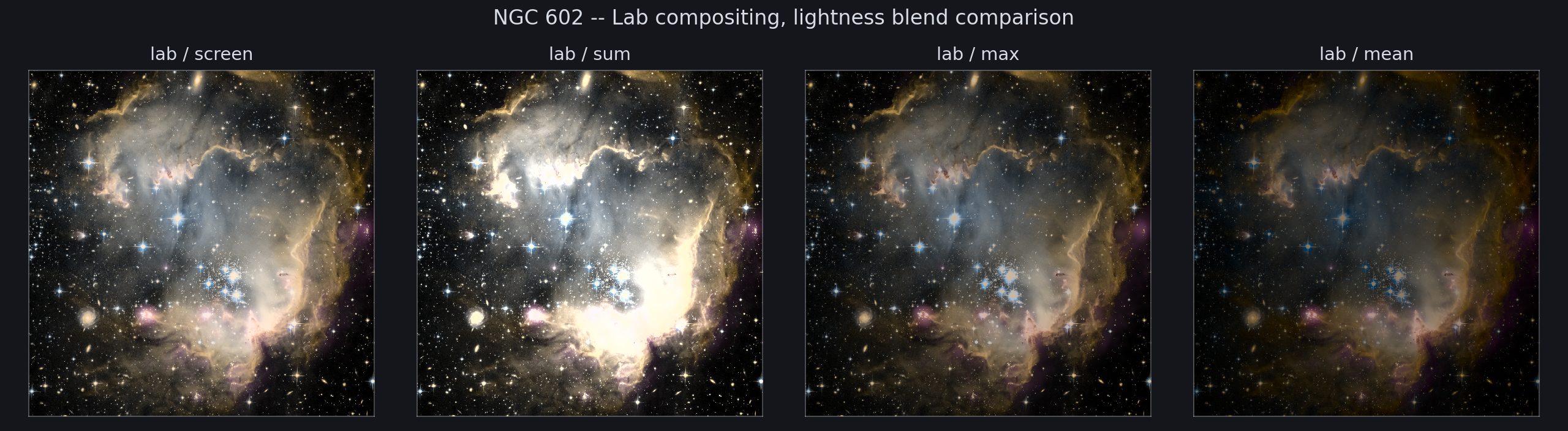 NGC 602 — Lab blend variants (dark chrome)